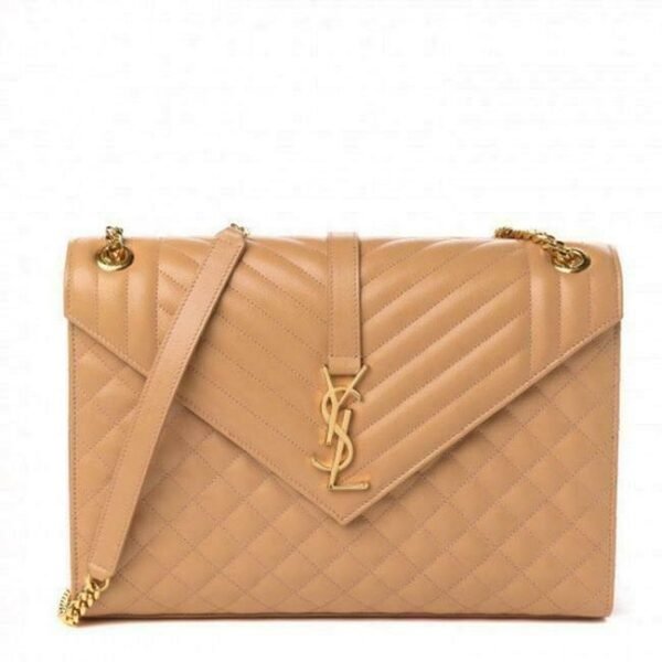 Saint Laurent Envelope Grain De Poudre Mixed Matelasse Large Triquilt Monogram Dune Brown Leather Shoulder Bag