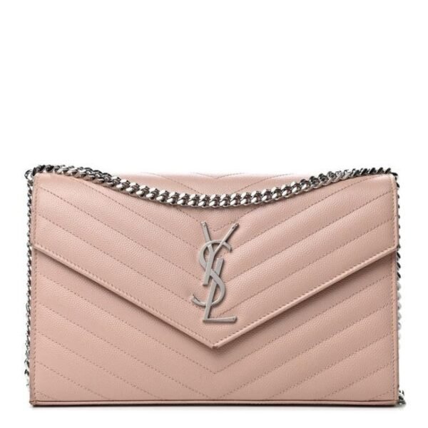 Saint Laurent Chain Wallet Grain De Poudre Matelasse Chevron Monogram Pale Pink Leather Shoulder Bag