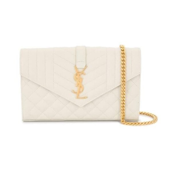Saint Laurent Chain Wallet Grain De Poudre Mixed Matelasse Triquilt Crema White Leather Shoulder Bag