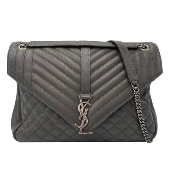 Saint Laurent Envelope Calfskin Mixed Matelasse Triquilt Large Monogram Gray Leather Satchel