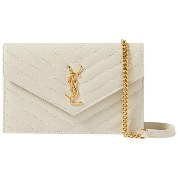 Saint Laurent Monogram Envelope Chain Wallet Medium Grained Matelasse White Leather Shoulder Bag