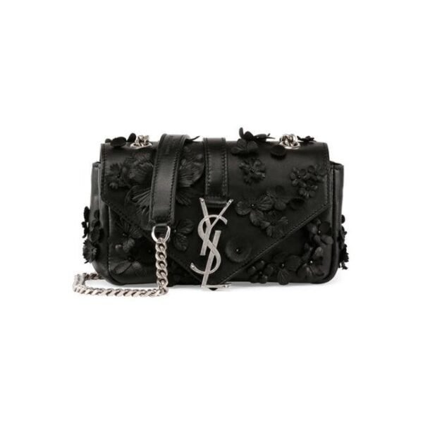 Saint Laurent Envelope Floral Embellished Baby Monogram Black Leather Shoulder Bag