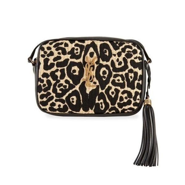 Saint Laurent Monogram Camera Lou Medium Animal-print Raffia Ysl Black Leather Cross Body Bag