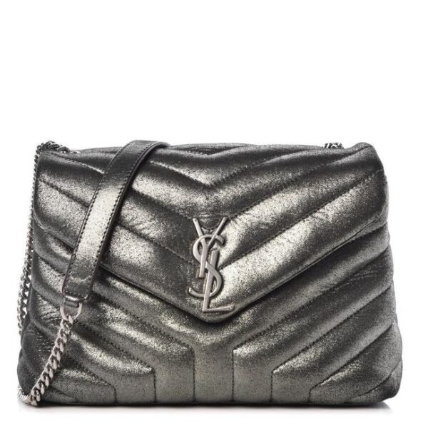 Saint Laurent Monogram Loulou Metallic Calfskin Monogram Small Chain Grey Leather Cross Body Bag
