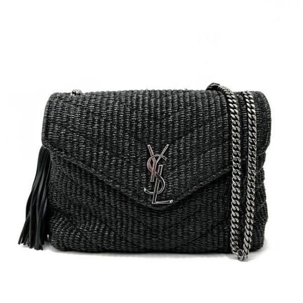 Saint Laurent Monogram Loulou Small Raffia Monogram Chain Tassel Black Leather Shoulder Bag