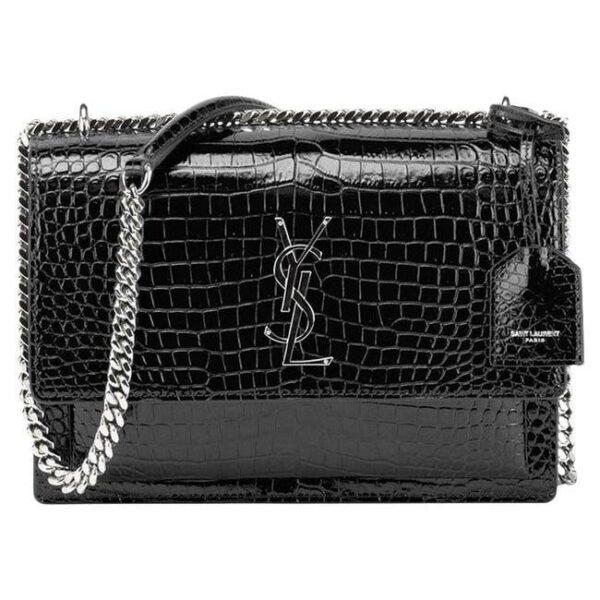 Saint Laurent Monogram Sunset Medium Croc Embossed Black Leather Shoulder Bag