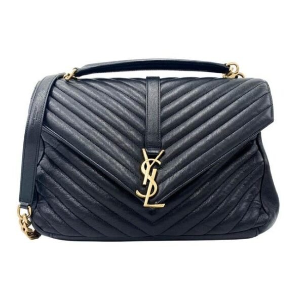 Saint Laurent Sheepskin Matelasse Chevron Monogram Large College Satchel Black Leather Shoulder Bag