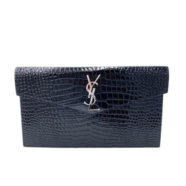 Saint Laurent Uptown Embossed Monogram Black Crocodile Skin Leather Clutch